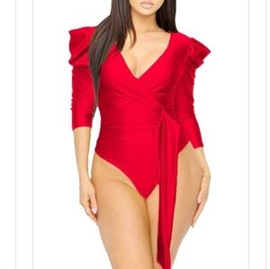 Satin 3/4 Sleeve Surplice Wrap Bodysuit Red